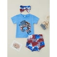 thumbnail image 4 of Bagilaanoe 4th of July Outfits for Toddler Baby Girls Short Sleeve Stars Stripe Print T-shirt Tops + Tie Dye Print Shorts + Headband 3pcs Independent Day Sets, 4 of 9