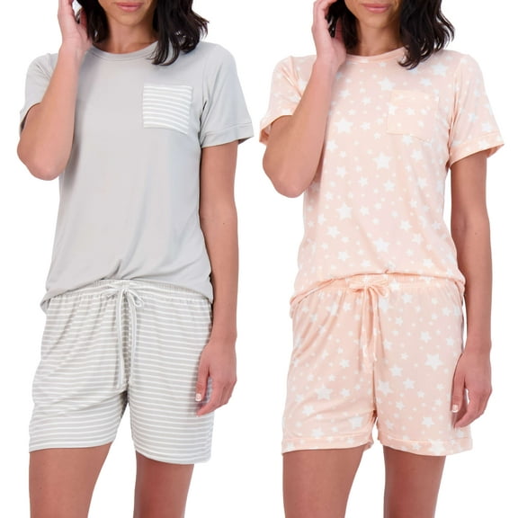 Real Essentials 2 Pack: Ultra Soft Women’s Pajama Set Short Sleeve and Shorts Lounge & Sleepwear (Available In Plus)