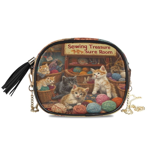 Womens Casual Chain Shoulder Bag Simple style Kittens Playing with Colorful Yarn Crossbody Bag