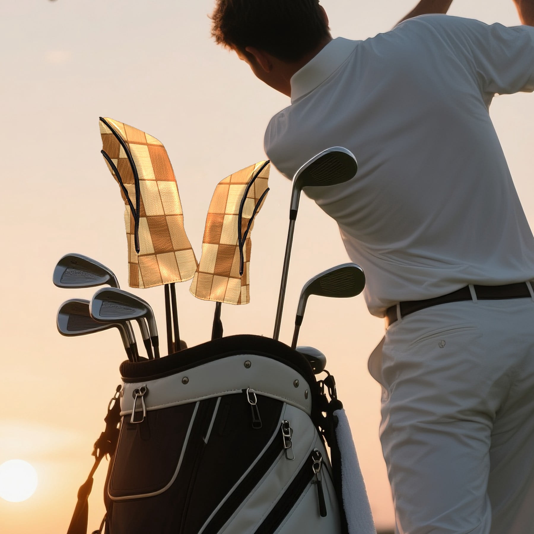 Golf Club Head Cover Waterproof Leather Golf Accessories HeadCovers Set Driver Headcover for Women Men Horizontal Wood Planks