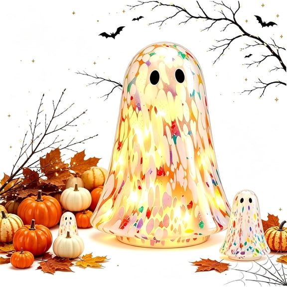 Light Up Confetti Ghost Halloween Decor, LED Resin Ghost Figurine with Warm Glow & Stained Glass Style, Tabletop Ornament for Mantel Shelf Party