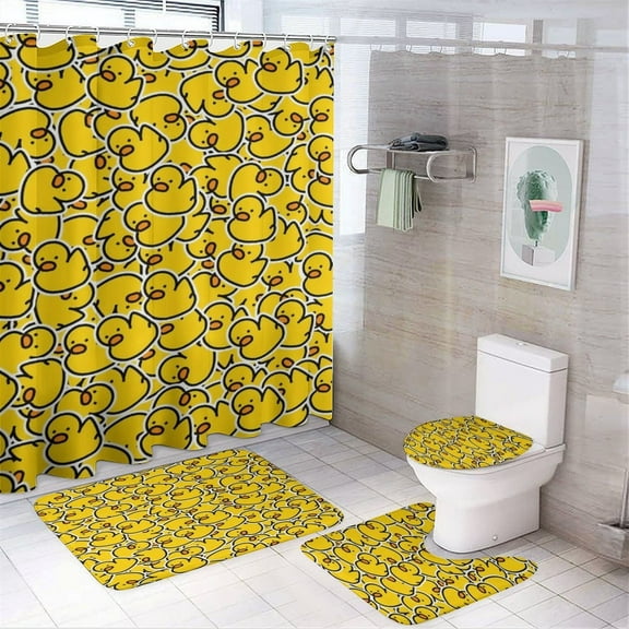 A Big Bunch of Yellow Rubber Ducks Shower Curtain Sets Non-Slip Rugs Bath Mat Toilet Cover U Shaped Mat 4 Pcs