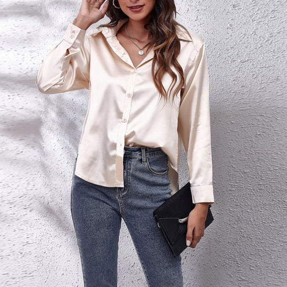 Frostluinai Womens Soft Satin Silk Button Down Shirts Silky Long Sleeve Lapel Neck Work T Shirts Solid Color Dressy Blouses Tops