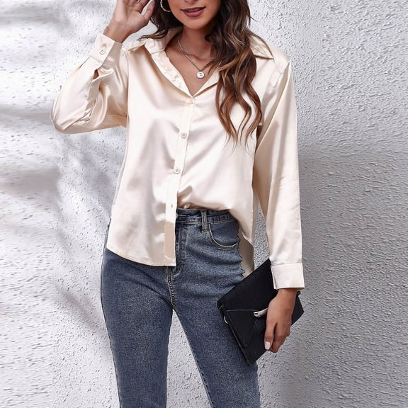 Oalirro Casual Tops for Women Women Satin Long Sleeve Button Down Shirt Casual Office Work Blouse Tops Going Out Holiday T-Shirt