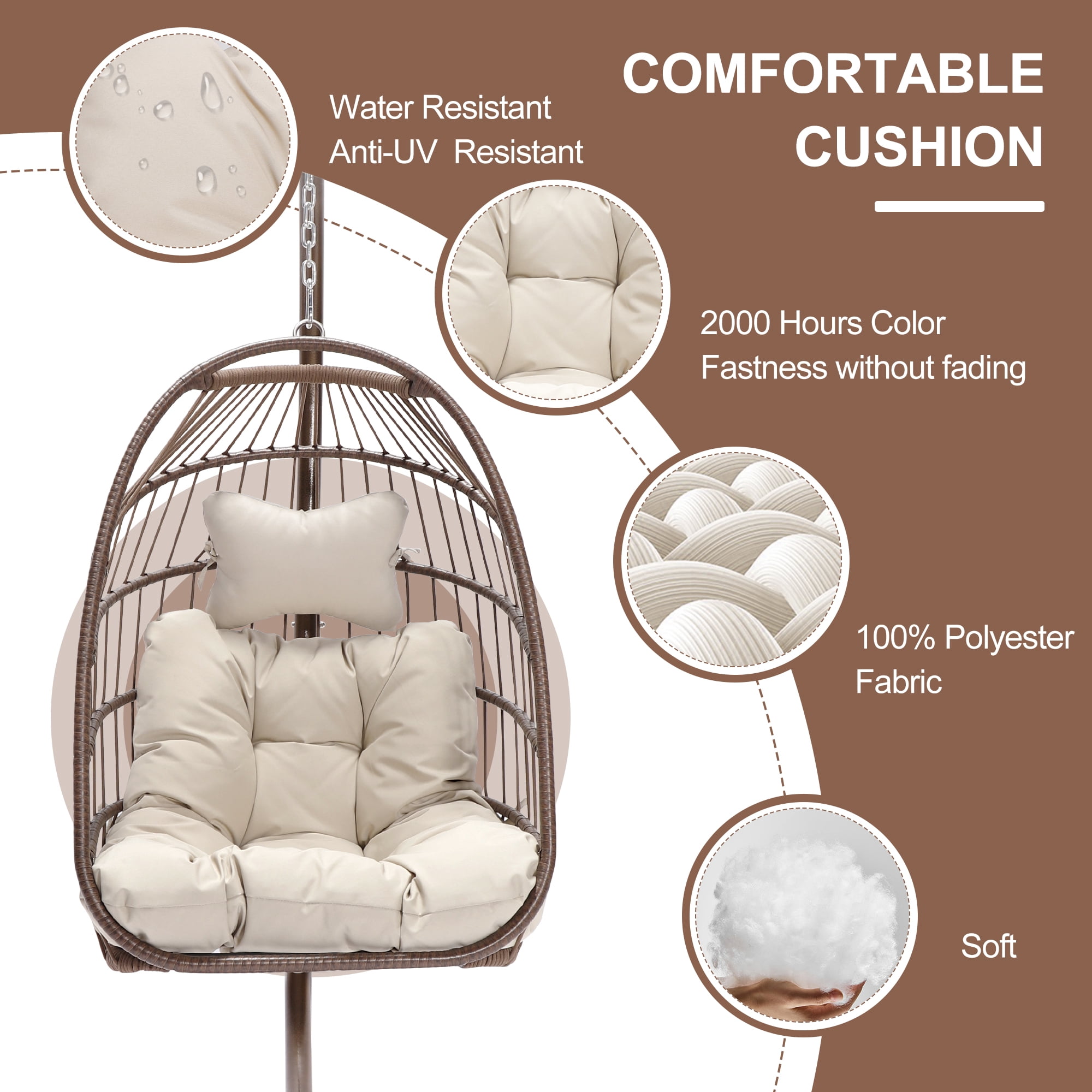 Foldable Hanging Egg Chair with Stand Brown PE Wicker Capacity 350lbs in Nepal at NPR 28902 Rating 5