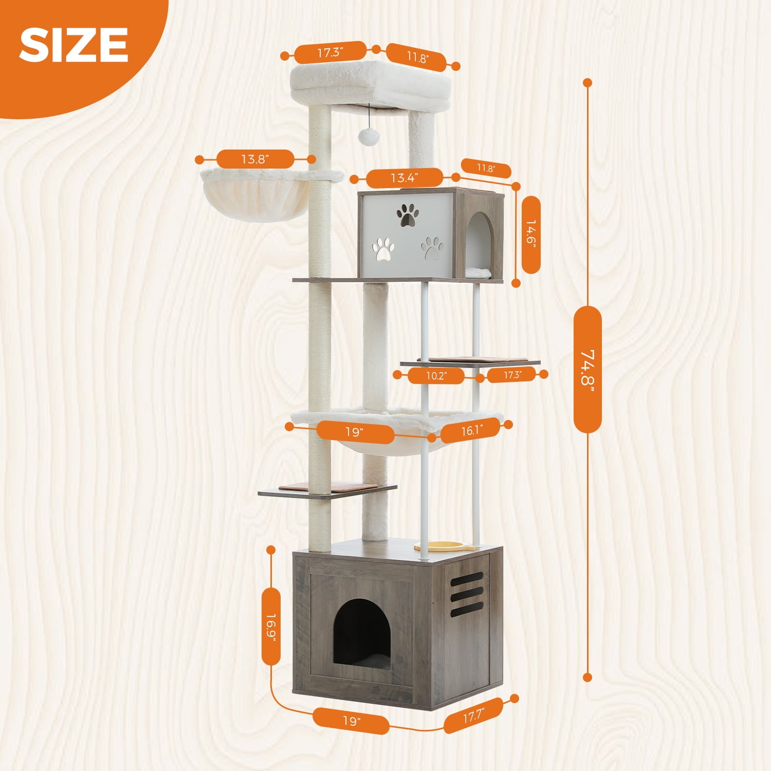 Pefilos 74" Cat Tree with Food Station, Wooden Tall Cat Tower with Condos and Hammocks,Spacious Perch,Sisal and Steel Posts, Scratching Mat, Gray