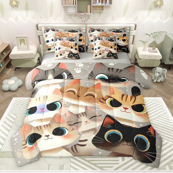 Feelyou Funny Cartoon Cat Bedding Comforter Set 7 Pieces, Kawaii Kitten Lover Full Bedding Set, Teens Kids Boys Girls Reversible Fitted Sheet Flat Sheet, Ultra Soft Bedroom Decor