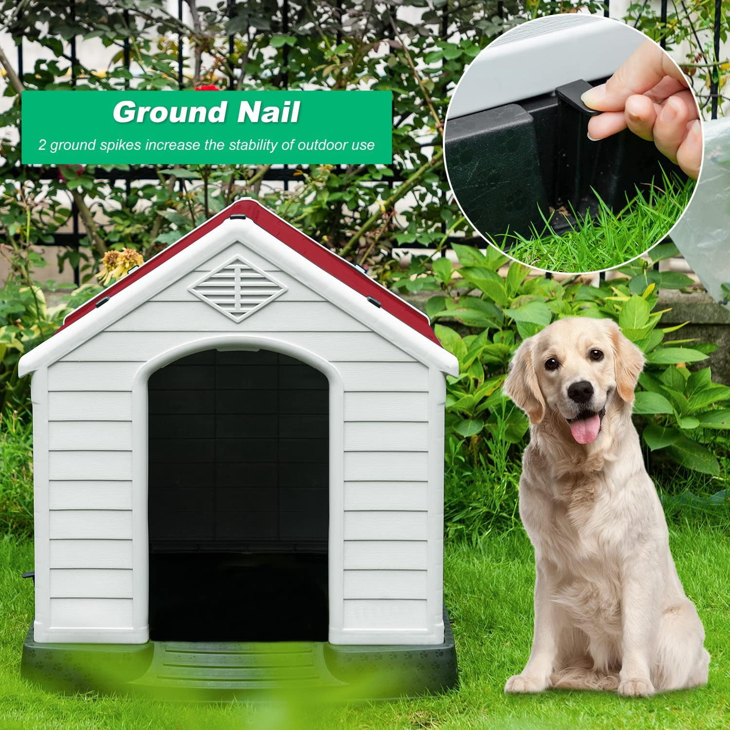 FDW Red Waterproof Plastic Pet House Indoor Outdoor Ventilated Shelter for Large Pets 41"L x 37"W x 39"H