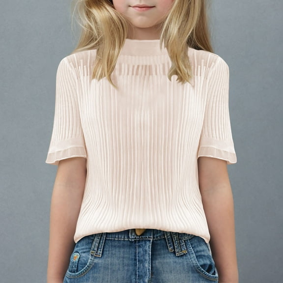 BLTIBY 2025 Toddler Girls Chiffon T-shirt Summer Round Neck Short Sleeve Solid Color Lace Tee Kids Casual Fashion Pullover Tops Beige 10-11Years