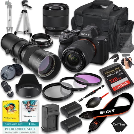 Sony a7 IV Mirrorless Camera International Version (No Manufacturer Warranty) w/ 28-70mm Lens & 420-800mm Manual Telephoto   128GB   Extra Battery   Case (24-Pc Bundle)