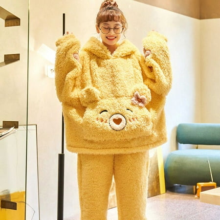 

DanceeMangoo FUNISHI Winter Pajamas Cartoon Loose Version Hooded Pajama Set Inspissate Women Sleepwear Keep Warm Plush Plus Size 3XL Nighty