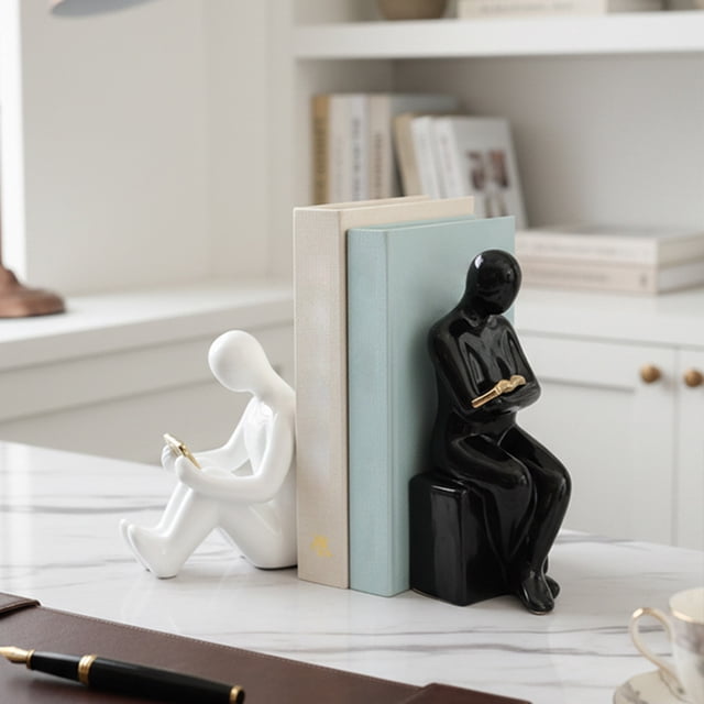 Ceramic Bookend Desktop Ornament Reading Couple Set, Anti-Slip Ceramic Base Elegant Durable Decor for Study Office Bookshelf Bedside Table Dining Room Countertops Housewarming Birthday Gift