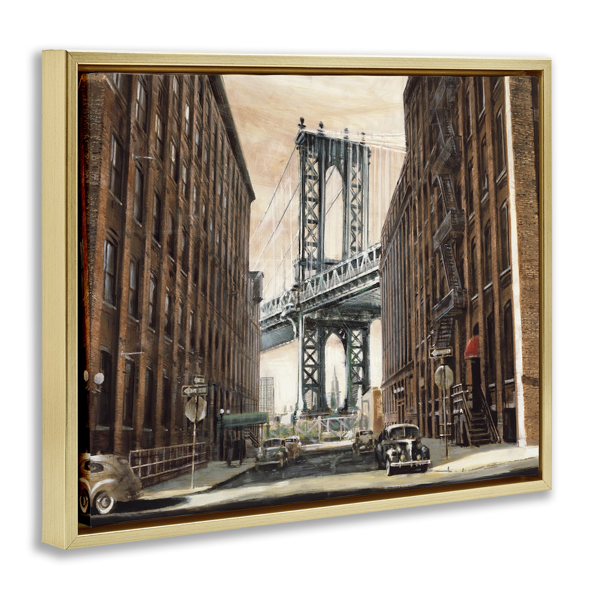 Stupell Industries Cityscape with Bridge View Scenery Painting Gold Floater Framed Art Print Wall Art, 21 x 17