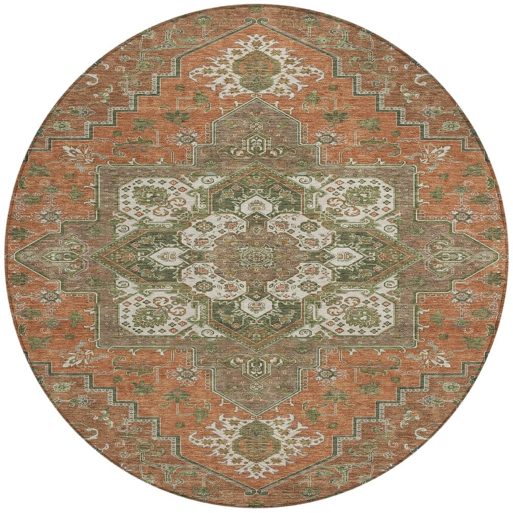8' Rust Green And Brown Round Oriental Washable Indoor Outdoor Area Rug
