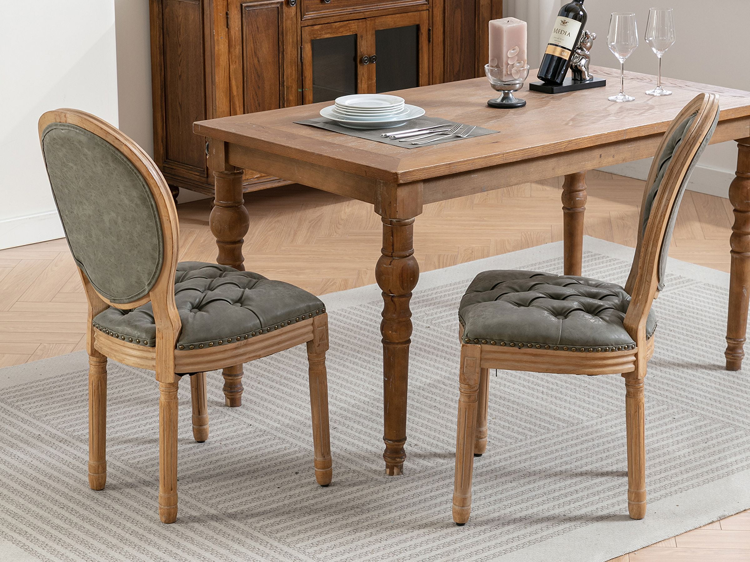 ODUSE-DAILY French Country Dining Chairs Set of 8, Olive Kitchen & Dining Room Chairs, Faux Leather Kitchen Chairs, Tufted Upholstered, Wood Legs, Sillas De Comedor (PU, Pine Green, 8Pcs)