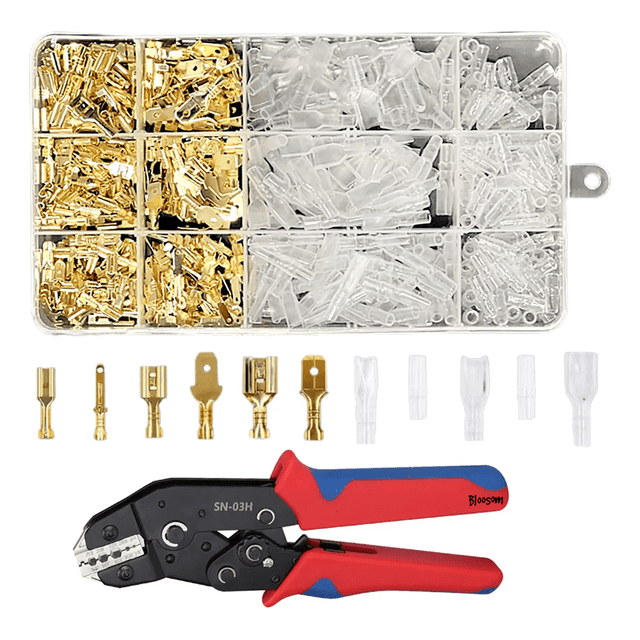 Kit Pinzas Crimpadora Bloosom Cable+450 Terminales Aislados 2,8/4,8/6,3 Rojo