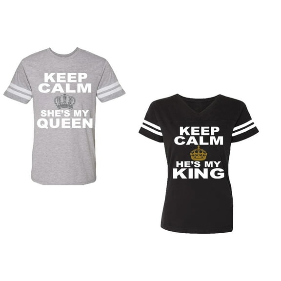 Keep Calm King Queen Unisex Couple Matching Cotton Jersey style T-Shirt Contrasting stripes on sleeves (Men Heather / Women Black) (Men S / Women S)