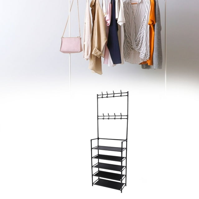 5 Tier Coat Shoe Rack, Entryway Coat Rack with Hooks, Metal Dust Proof Ample Space Coat Shoe Organizer for Entryway Dormitory