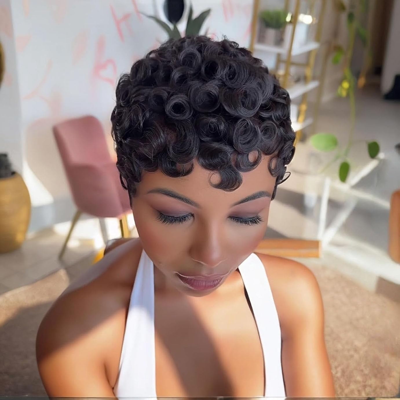 No Glue Pixie Cut Wigs for Black Women Brazilian Curly Human Hair Glueless Short Layered Wigs With Bangs Natural Black Daily Wig