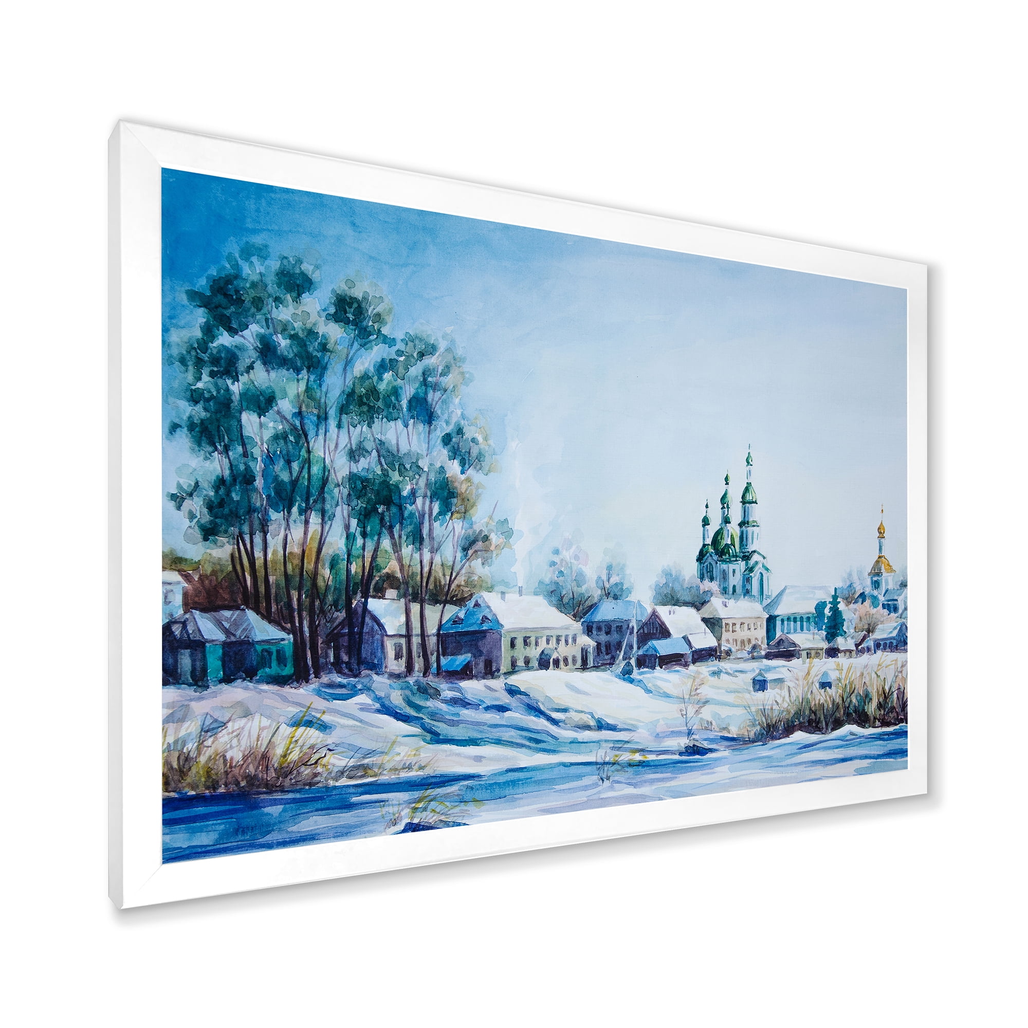 Designart 'Small Town Covered In Snow In Winter Times' Traditional Framed Art Print
