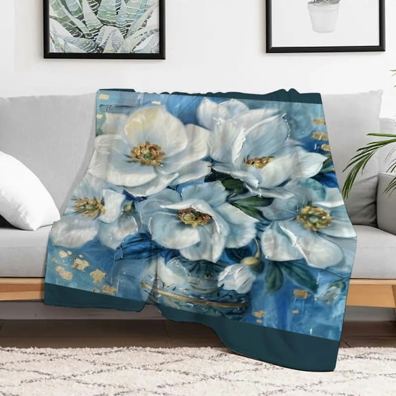 Creowell White Flowers Durable Soft and Warm Flannel Blanket for Sofa, Travel, Camping, Bed, Chair - Multi-purpose Gift Blanket All Season 30x40in