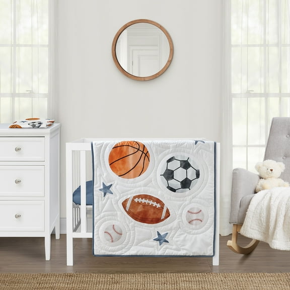 Sweet Jojo Designs Watercolor Sports Theme Boy Mini Crib Bedding Set 3 Piece