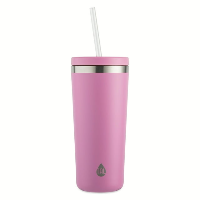 Pink TAL 24oz insulated tumbler water bottle with lid and clear straw in bubblegum color.