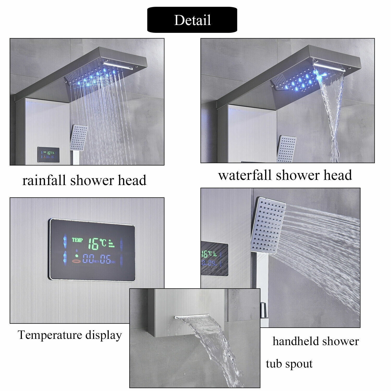KV&V 53 Neon Sun Stainless Steel LED Shower Panel – Rainfall, Waterfall, Jets, Hand Shower, Brushed Nickel