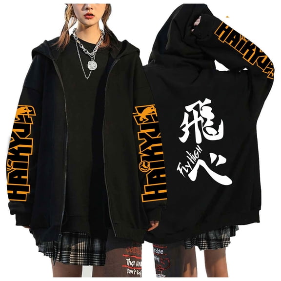 Duoxingbao Foreign trade new Haikyuu Volleyball Boys casual men and women European and American black loose print zipper style