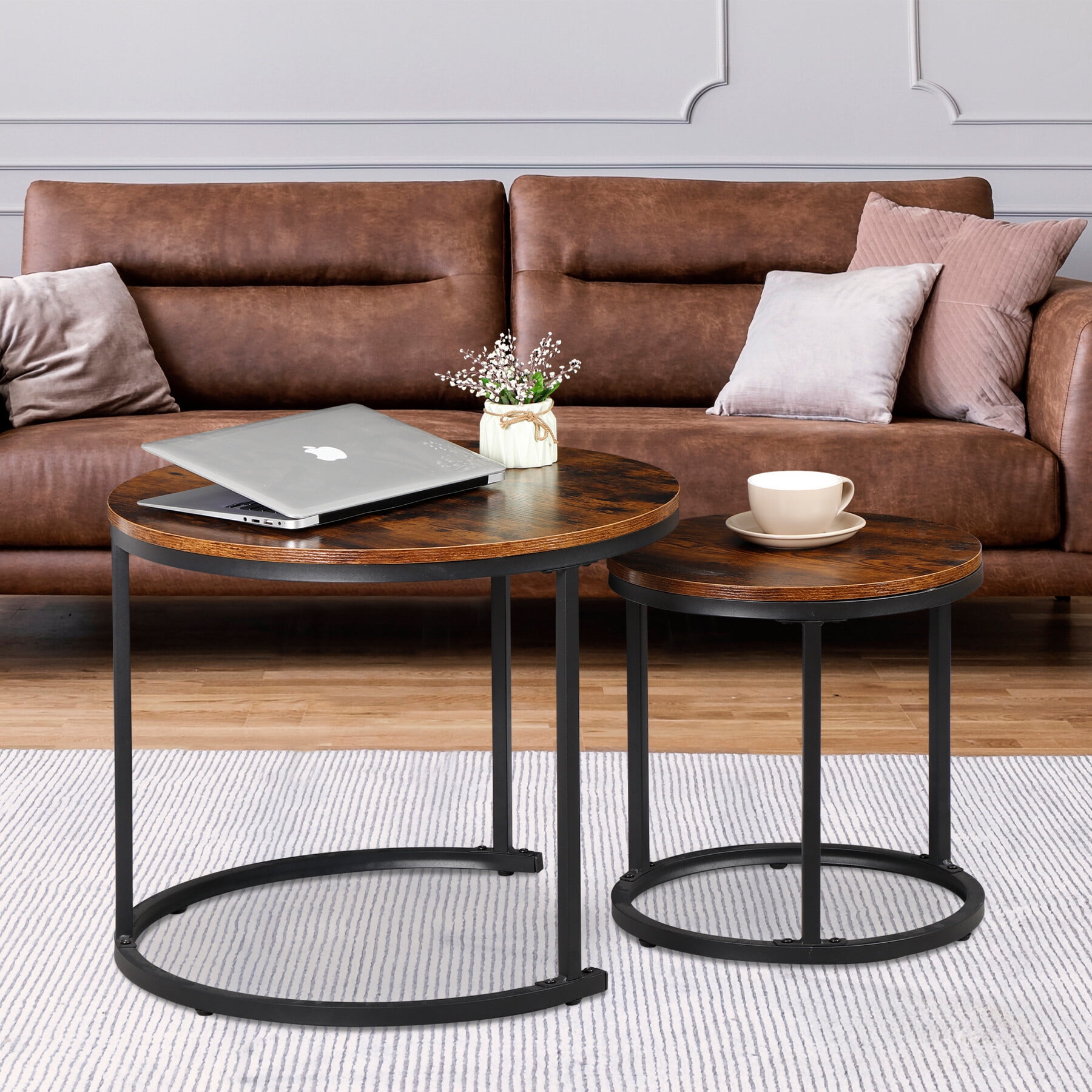 ZENSTYLE Set of 2 Round Coffee Tables Metal Frame Nesting Coffee Table for Living Room Balcony Office