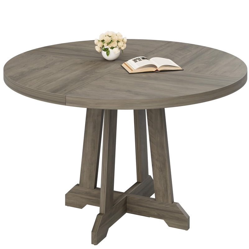 TROPOW Round Dining Table, 47 Inch Dining Table for 4-6, Farmhouse Kitchen Table with Wood Pedestal Cross Base, Thick 1.2'' Tabletop 300LB, Adjustable Feet