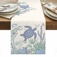 thumbnail image 2 of Blue Sea Turtles Table Runner, Shell Coral Vintage Ocean Life Summer Cotton Linen Kitchen Table Decoration Washable Dining Tabletop Runners for Home Party Decor 13x48 Inches, 2 of 9