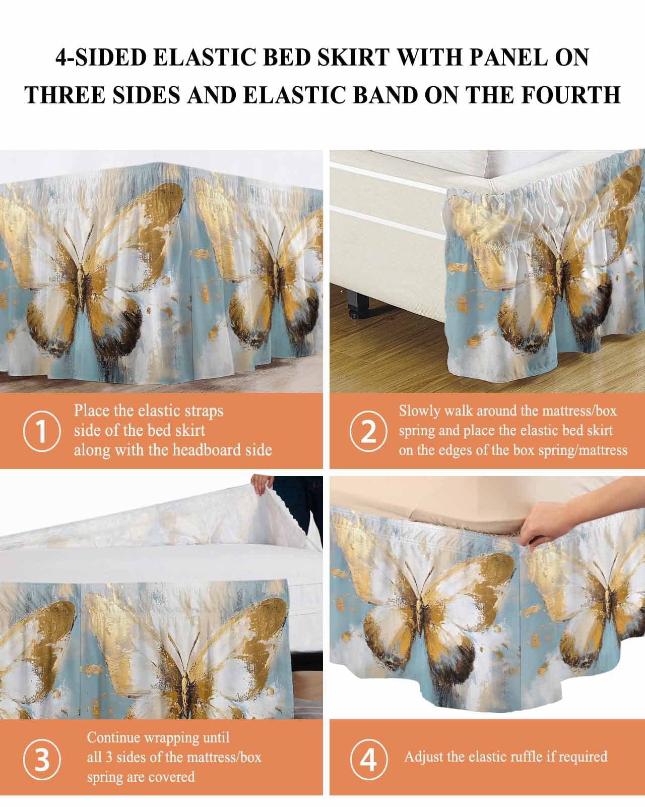 Butterfly Wrap Around Bed Skirts for King Bed 16" Drop, Bed Skirt with Adjustable Elastic Belt Dust Ruffle Bed Valance for Bedroom Hotel Luxury Modern Abstract Teal Brown Oil Painting Bed Frame Cover