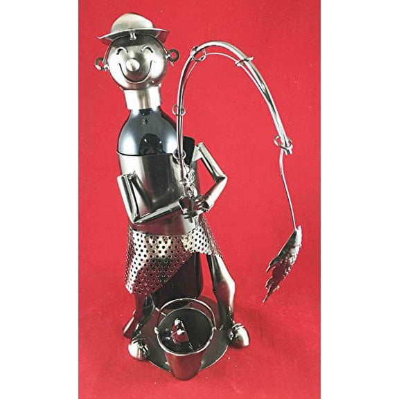 Leisure Fishing Fisherman Catching Fish Hand Made Metal Wine Bottle Holder Caddy