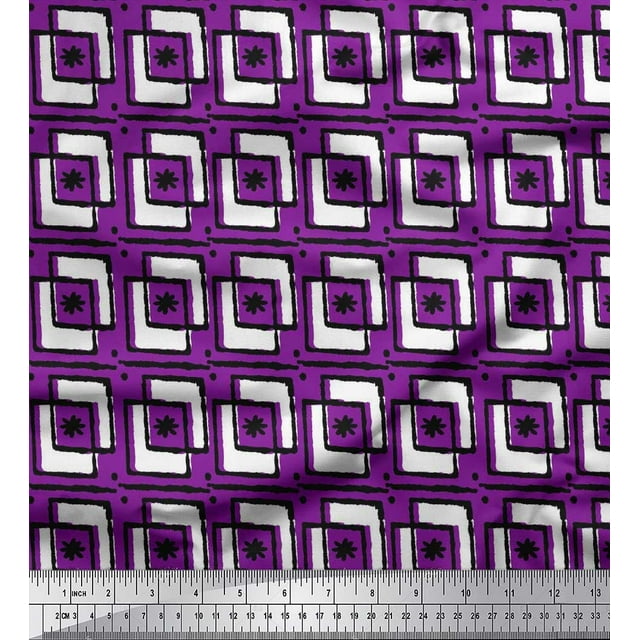 Soimoi Cotton Duck Fabric Square & Floral Block Printed Fabric 1 Yard 56 Inch Wide
