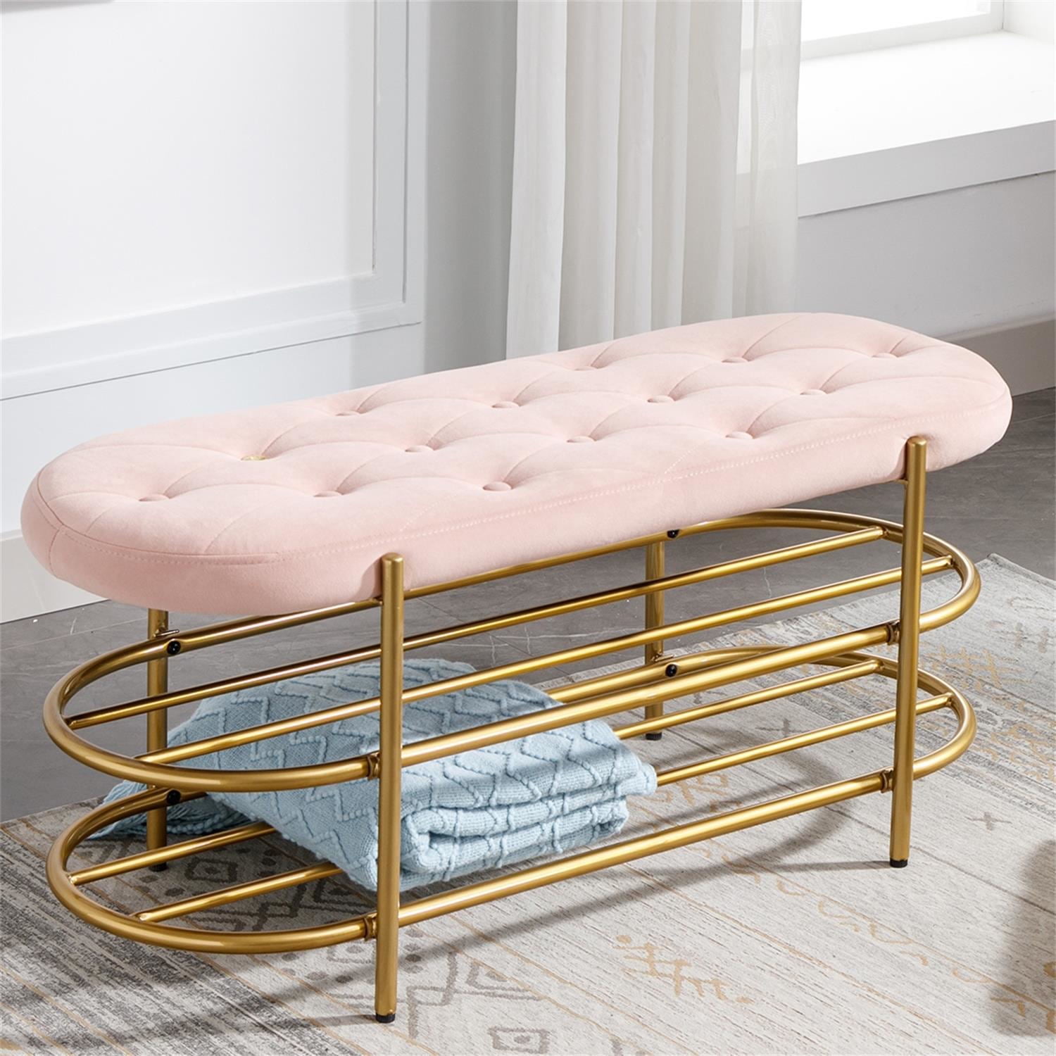 Kadyn Upholstered Velvet Beach, End of Bed Bench with 2 Shelf, Storage Beach for Living Room, Entrance, Pink