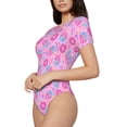 thumbnail image 2 of KLL Women 's Crew Neck Bodysuit Jumpsuits Pink Donuts Print Short onesies Stretch T Shirts, 2 of 7