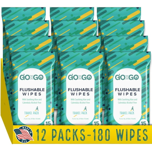 Flushable Wet Wipes for Travel by Go on the Go Biodegradable, AlcoholFree, with Soothing Aloe