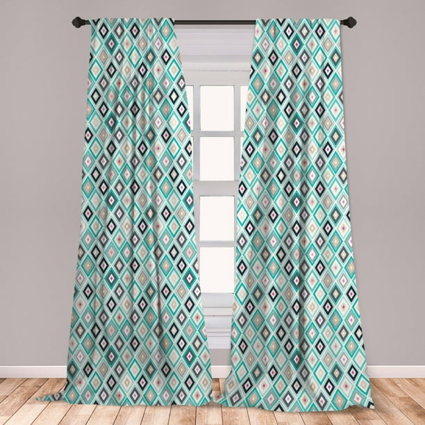 Turquoise Curtains 2 Panels Set, Dots Doodle Rhombus Diamond Shapes