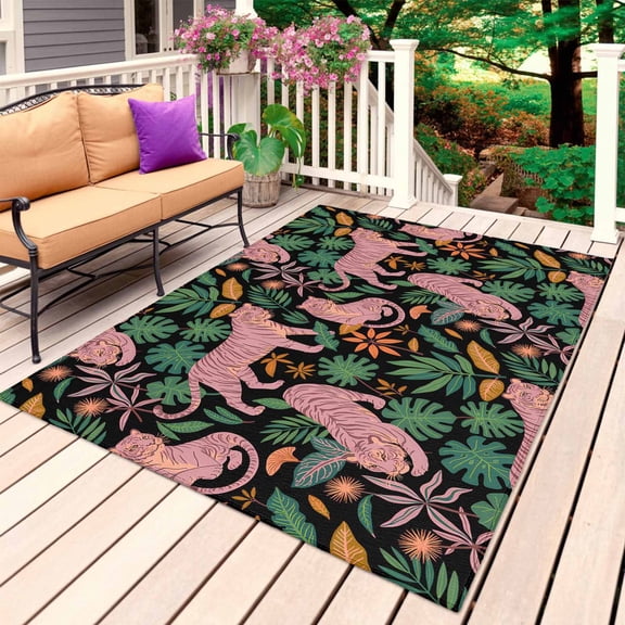 Tiger Leaves Outdoor Rug for Patio/Deck/Porch, Non-Slip Large Area Rug 6 x 9 Ft, Vintage Farmhouse Watercolor Animals Plants Indoor Outdoor Rugs Washable Area Rugs, Camping Rug Carpet Runner