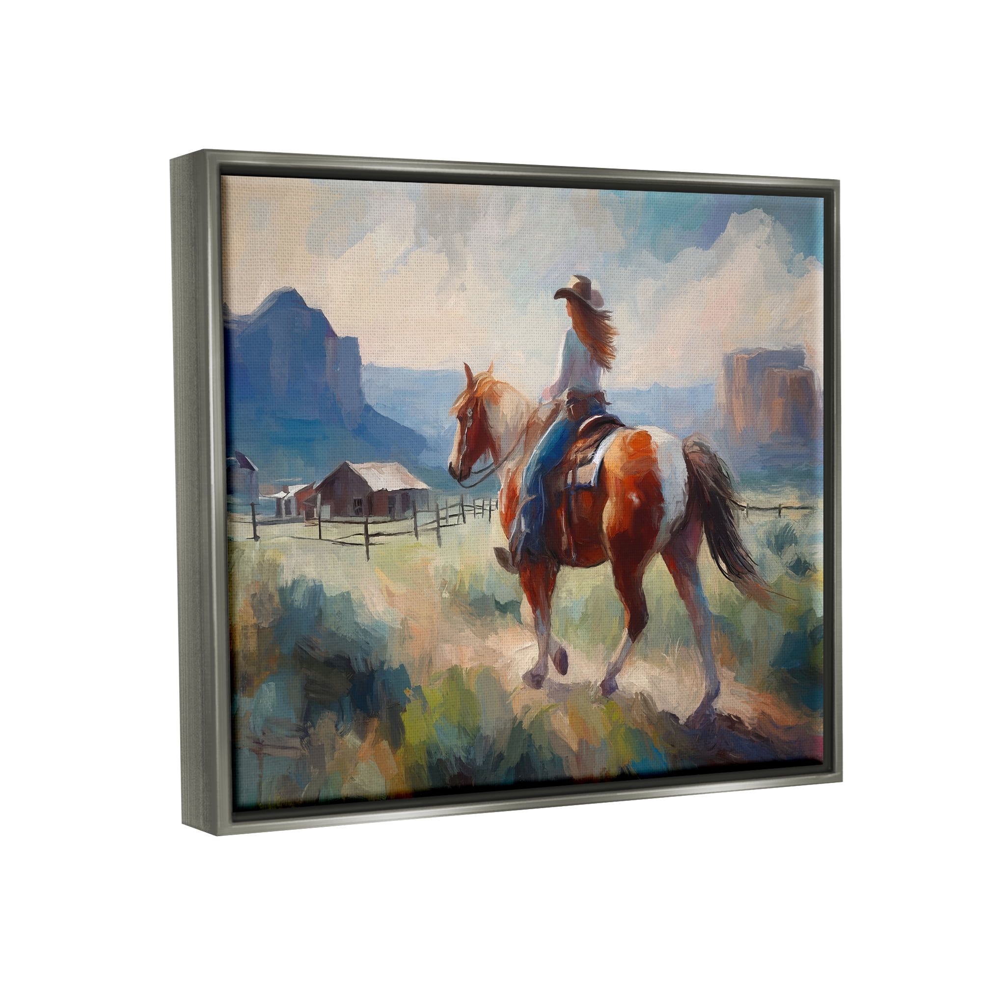 Stupell Industries Southwestern Cowgirl Landscape Animals & Insects Painting Gray Floater Framed Canvas Art Print Wall Art, 31 x 25