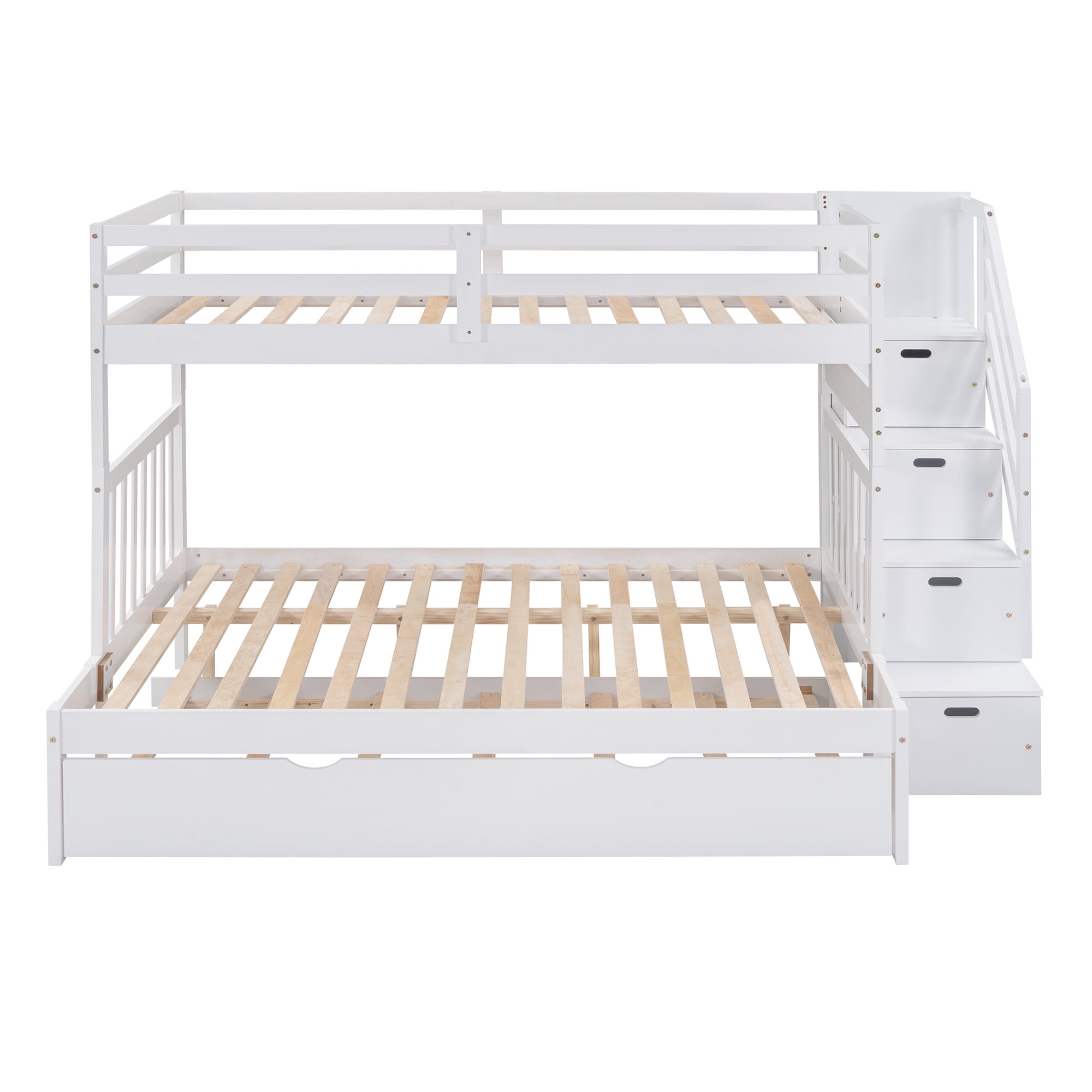 Aukfa Twin Over Full Bunk Bed with Trundle Bed, Wood Storage Stairway Bunk Bed with Drawer and Cabinet for Kids Bedroom - White