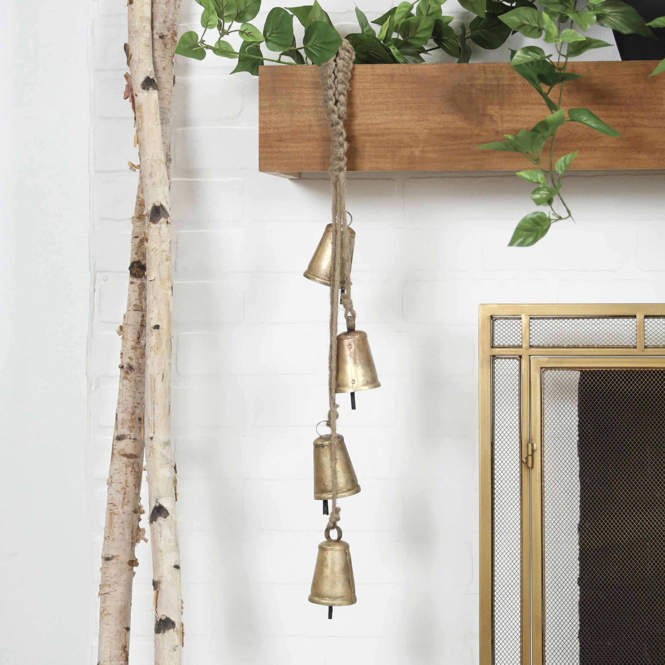 DecMode Tibetan Inspired Cascading Gold Metal Conical Decorative Cow Bells with 4 Bells on Jute Hanging Rope