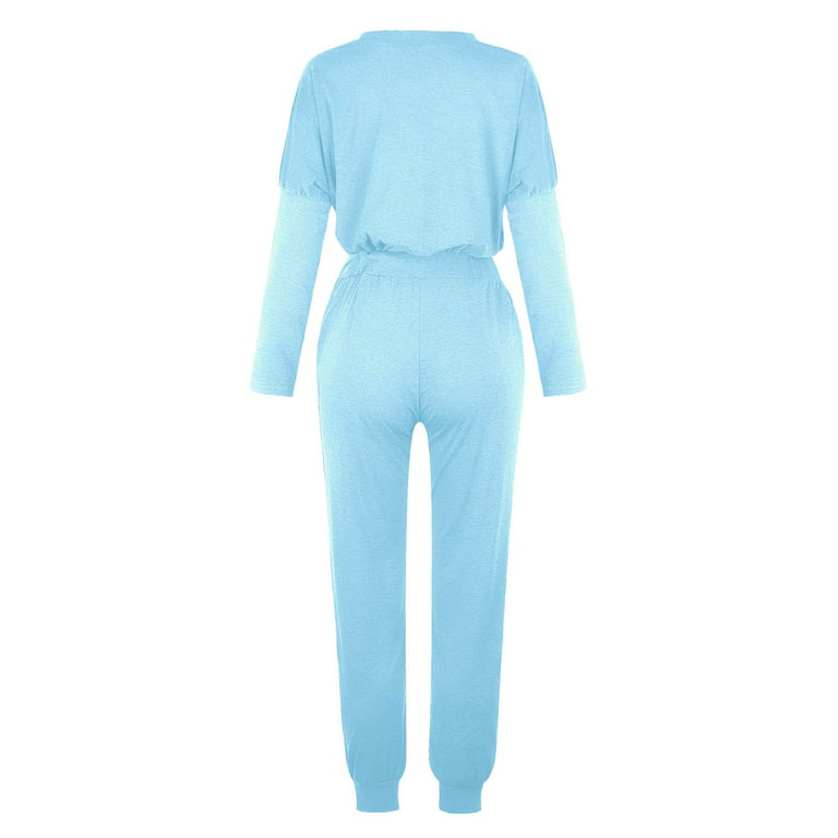 YWDJ Two Piece Outfits for Women Dressy Pants Set Loose Two-piece Sets  Solid Long Sleeve Tops Vest Casual Pants Sweatsuit Sky Blue S 