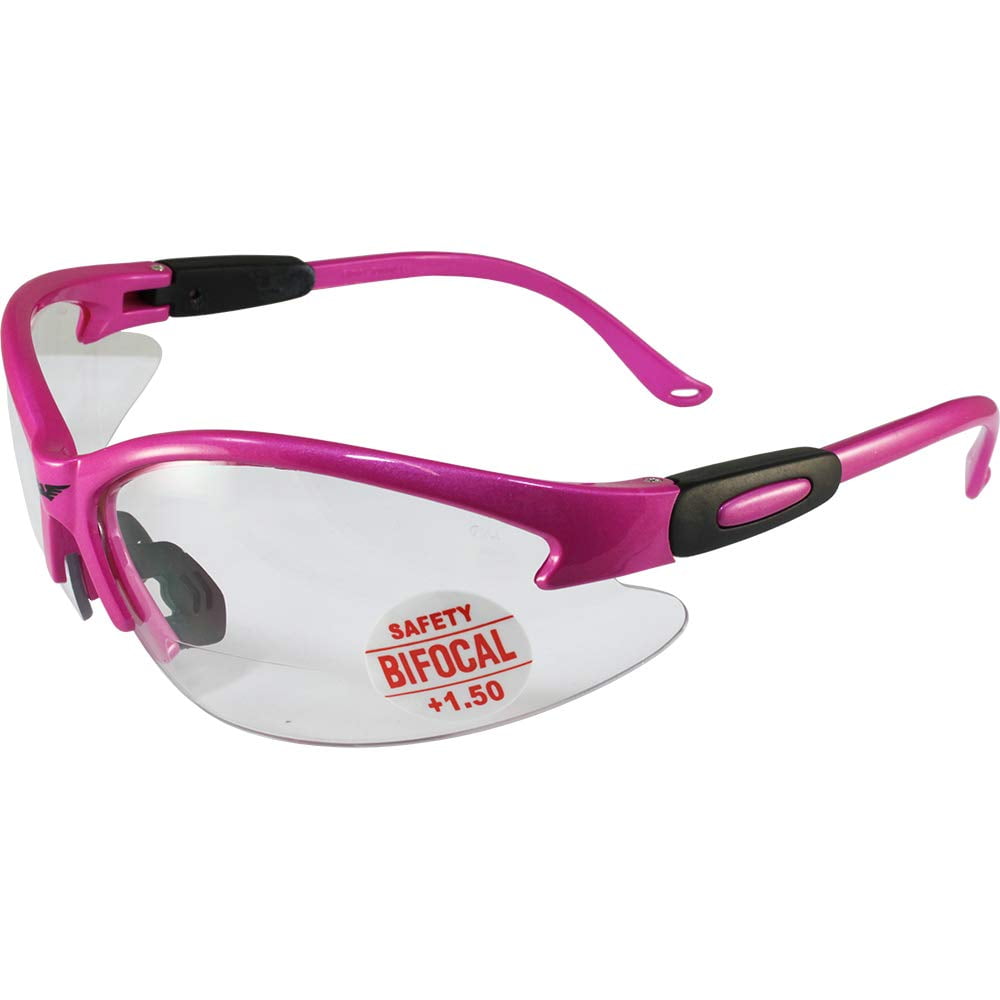 Global Vision Cougar Bifocal Safety Glasses Hot Pink Frame Clear 1.5x