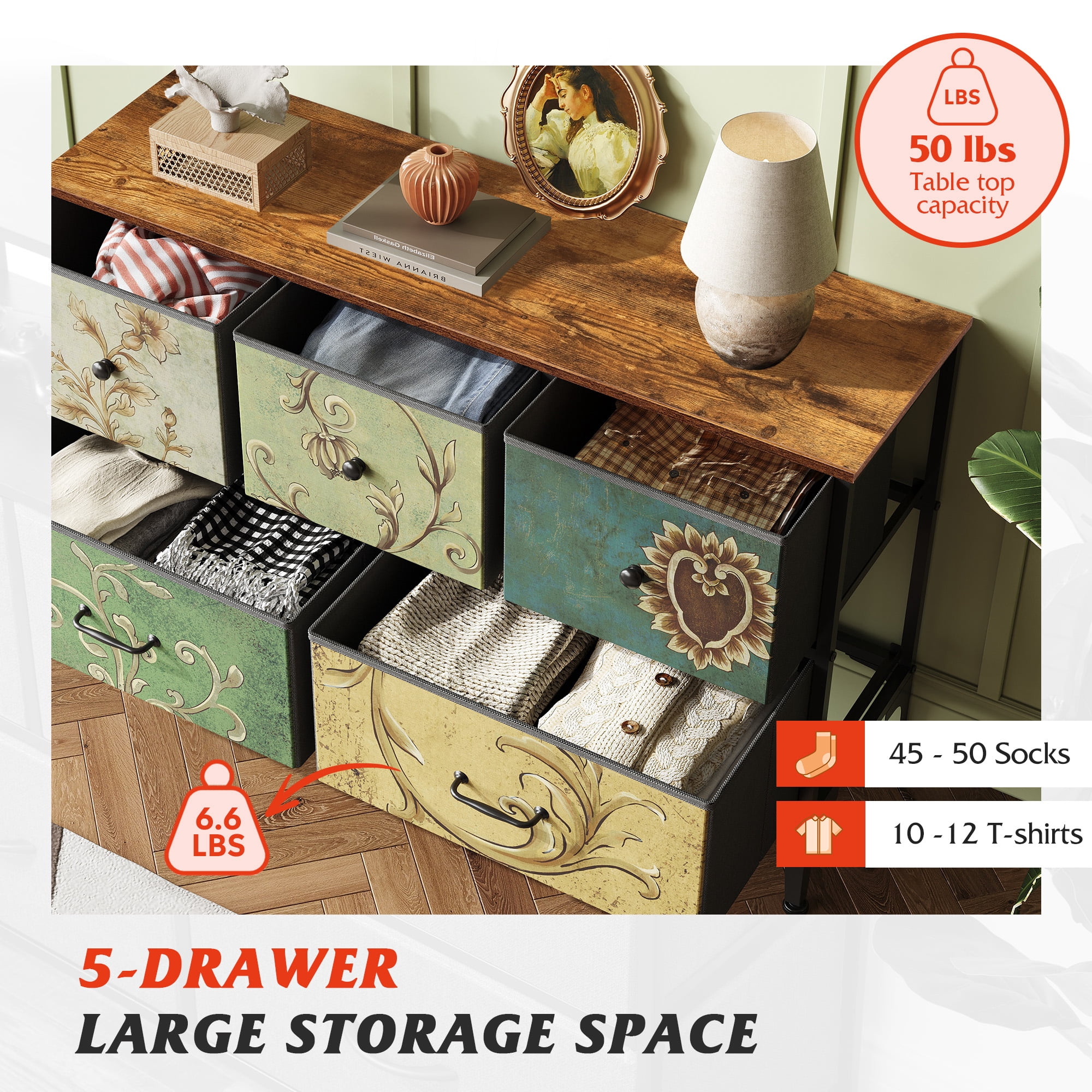 GALAXHERO 5-Drawer Wide Fabric Dresser Storage Organizer Unit, Chest of Drawers with Fabric Bins for Bedroom, Closet, Living Room, Hallway, Floral Painted