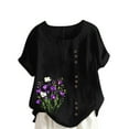 thumbnail image 2 of QUNYINEY Short Sleeve Tee Shirts Womens Crew Neck Casual Floral Tops Button Cotton Linen Pullover Loose Shirts, 2 of 4