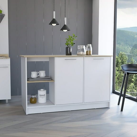 Kitchen Island With Four Open Shelves And Two Cabinets, Oak / White, Modern Flair In Double-door Cabinets