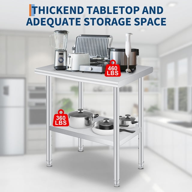 Edtara Table de Préparation Commerciale en Acier Inoxydable avec Tablette Inférieure Réglable et Coins Arrondis, Table de Travail Robuste pour Cuisine, Restaurant, Garage Ou Usage Extérieur