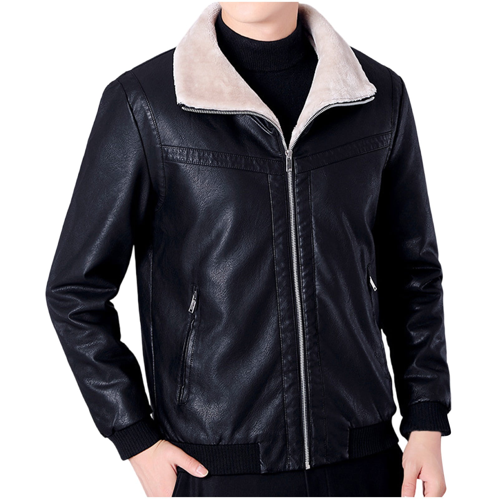 Brown Leather Jacket Men Fashion Fleece Turn-Down Collar Jacket Moto Biker Coat Retro Bomber Faux Leather Outerwear